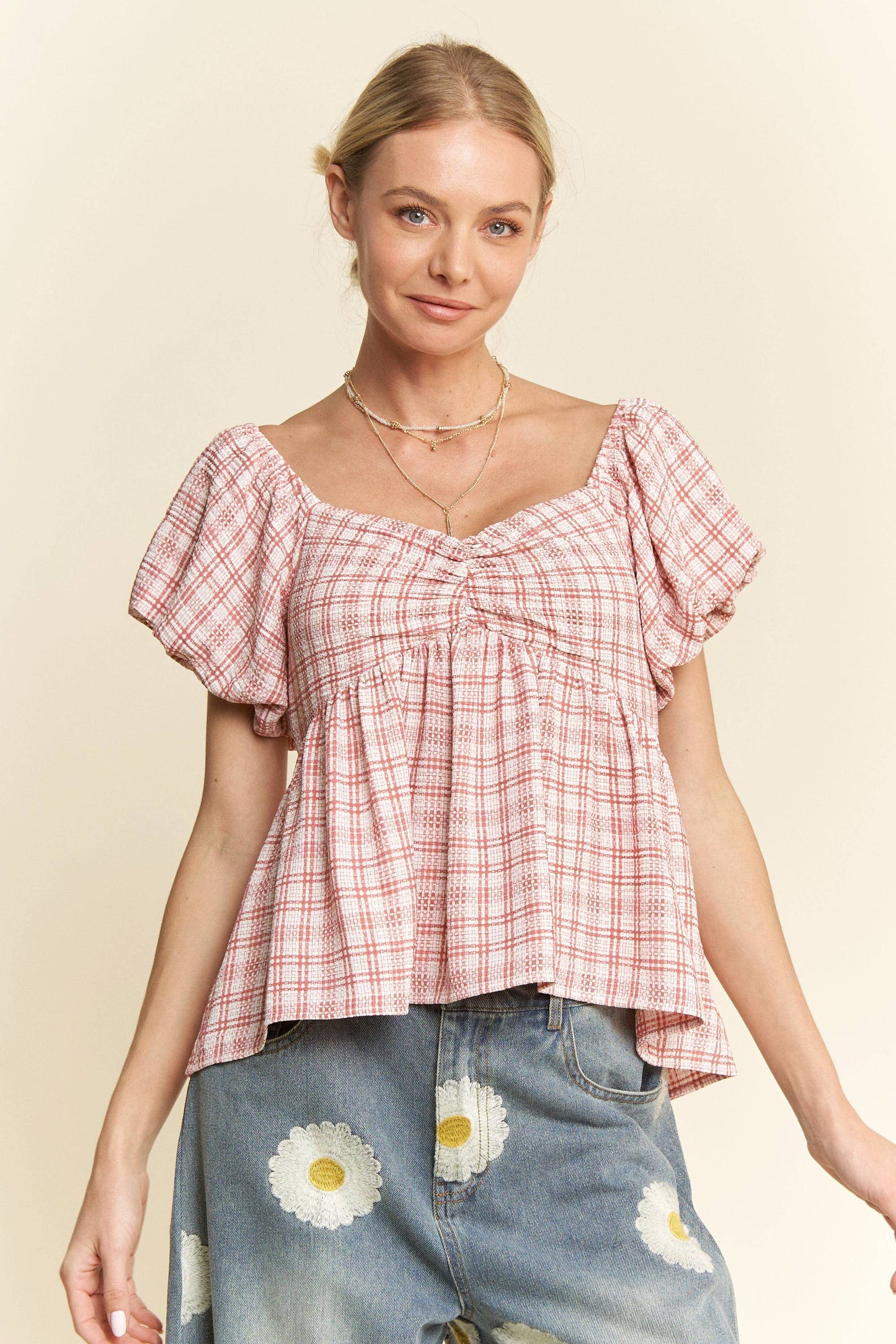 PLAID PUFF SLEEVES RUFFLED SMOCKED TOP BLOUSE
