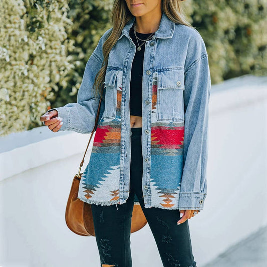 Vintage Ethnic AZTEC patchwork oversized denim jacket