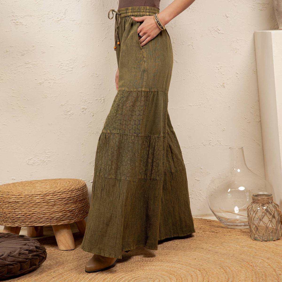 Artisan Flax 4-Tier Denim Patchwork Wide Leg Pants
