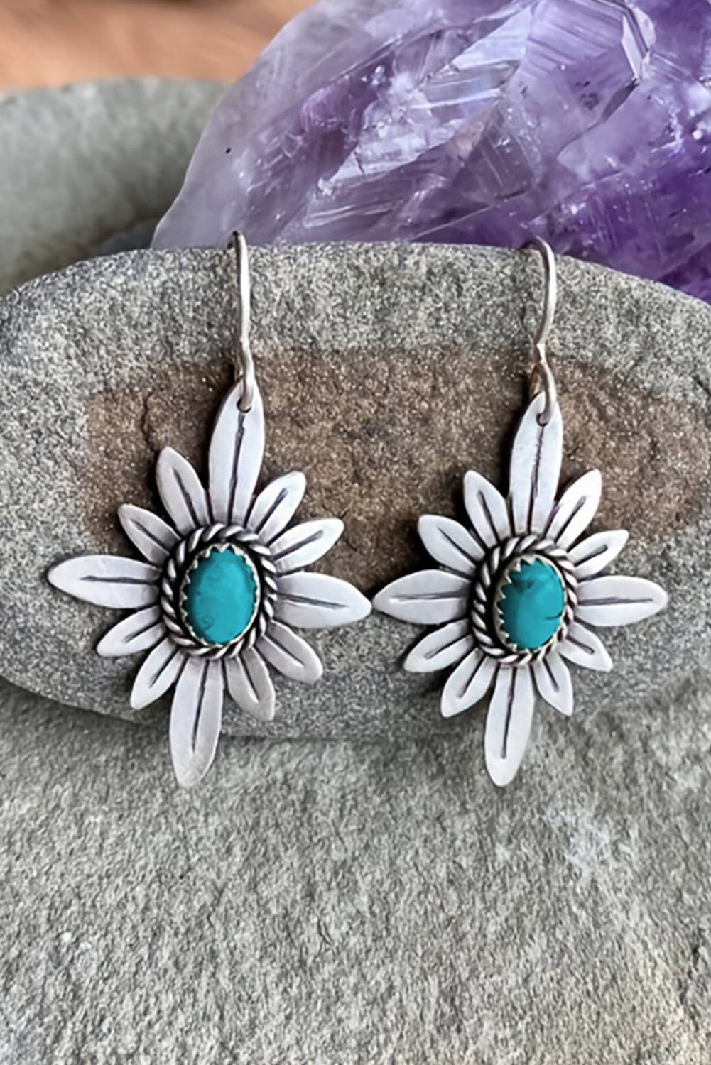 Western Turquoise Flower Shape Hook Earrings