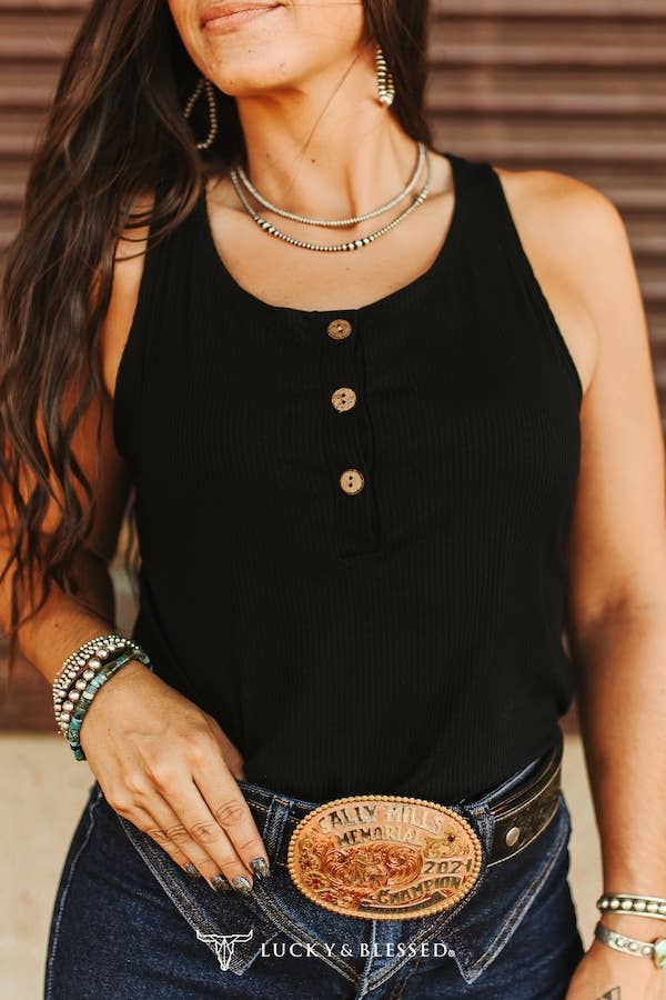 Black Sleeveless Button Up Tank Top