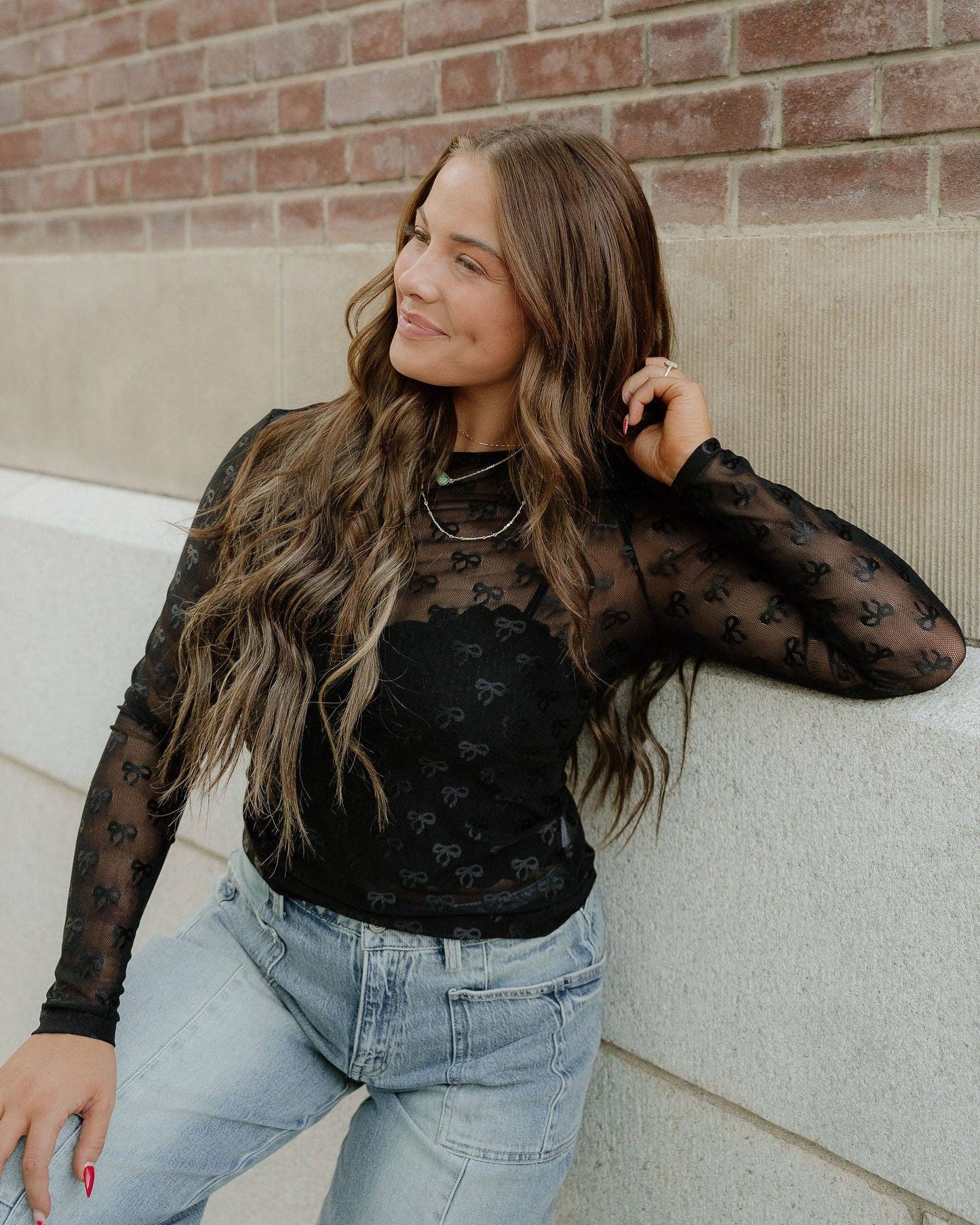 Black Bow Pattern Long Sleeve Slim Fit Mesh Top