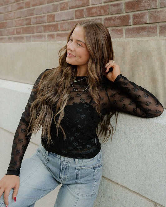 Black Bow Pattern Long Sleeve Slim Fit Mesh Top