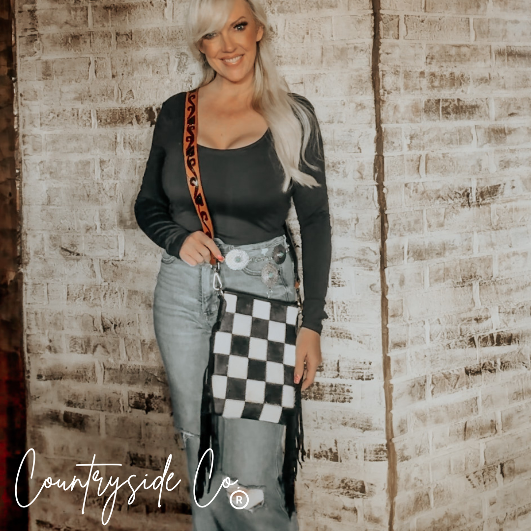 Stockyard Checkered Cowhide Fringe Purse, Black & White