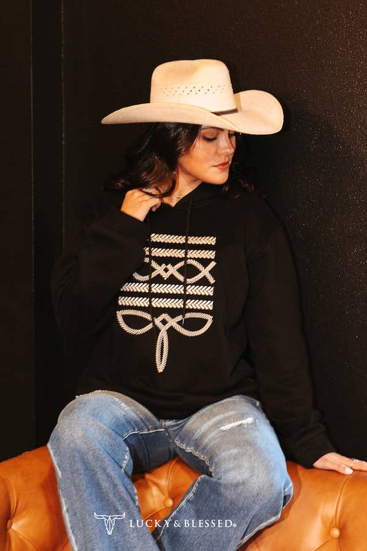 Black Hoodie W Ivory Boot Stitch Embroidery