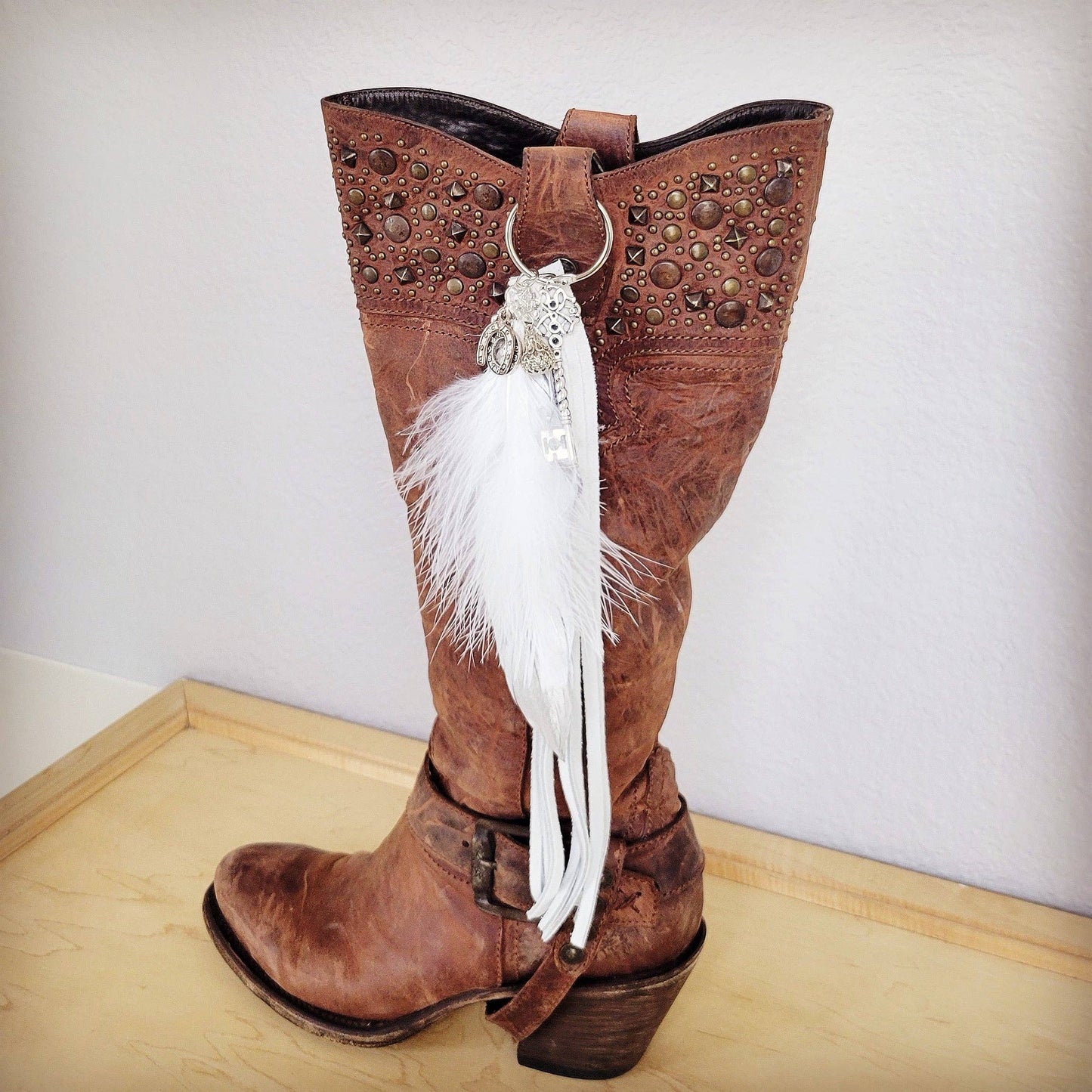 Wedding Boho Western Leather Boot Bling Charm Feather & Key