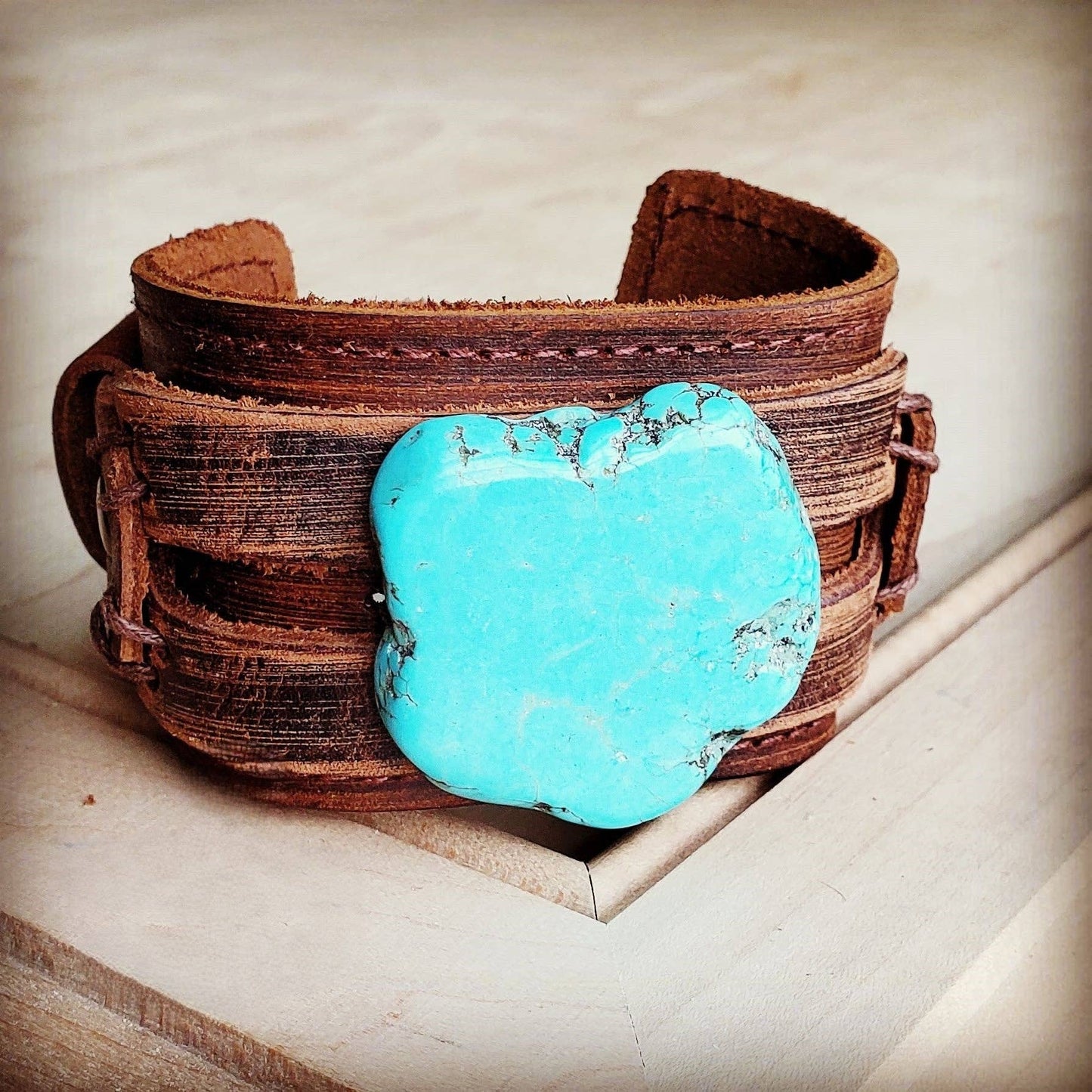Genuine Leather Wide Cuff with Blue Turquoise Slab