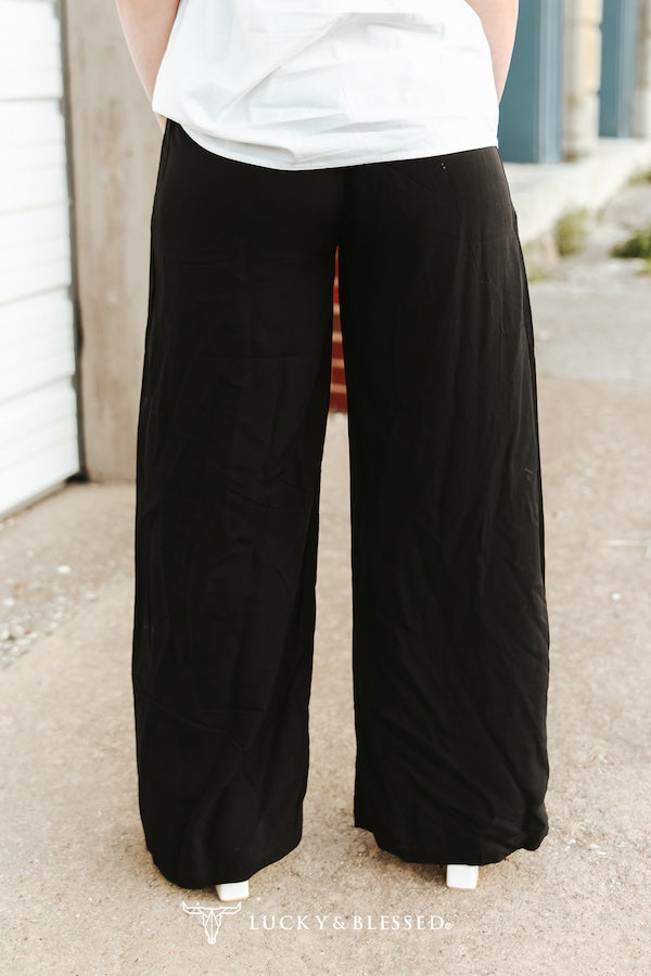 Solid Black Elastic Waist Wide Leg Pants