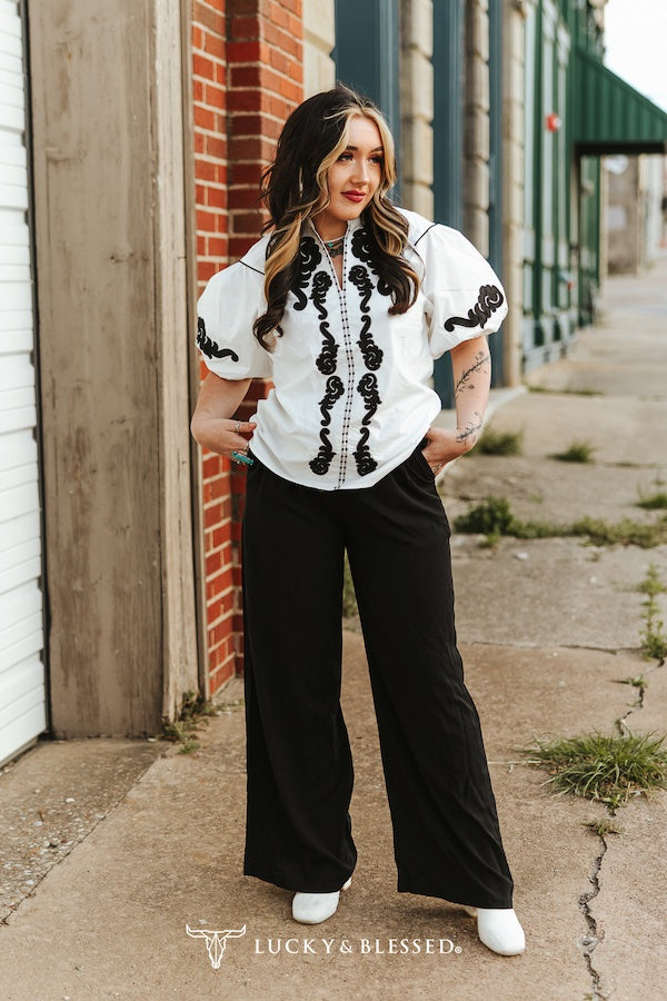 Solid Black Elastic Waist Wide Leg Pants
