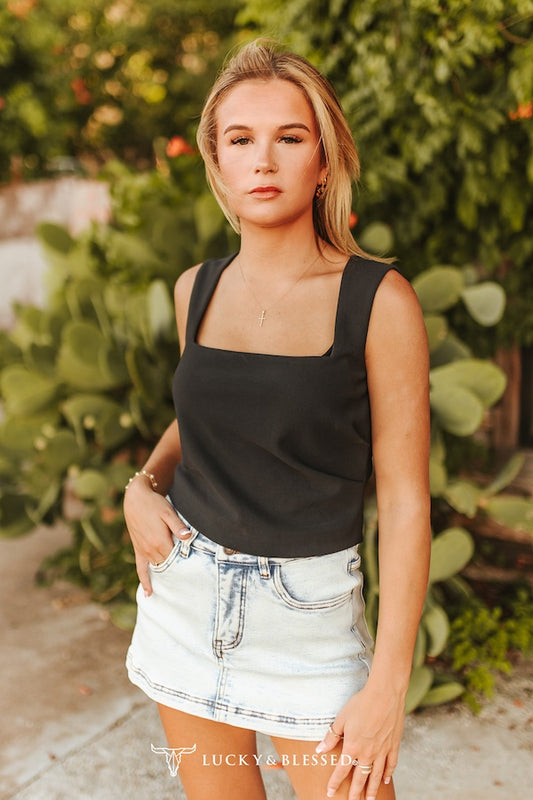 Black Sleeveless Square Neck Top