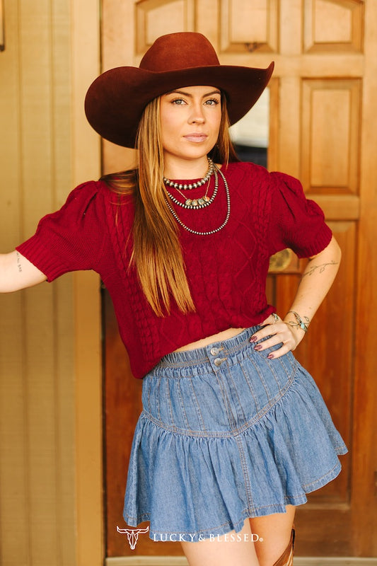 Burgundy Cable Knit Puff Sleeve Sweater Top