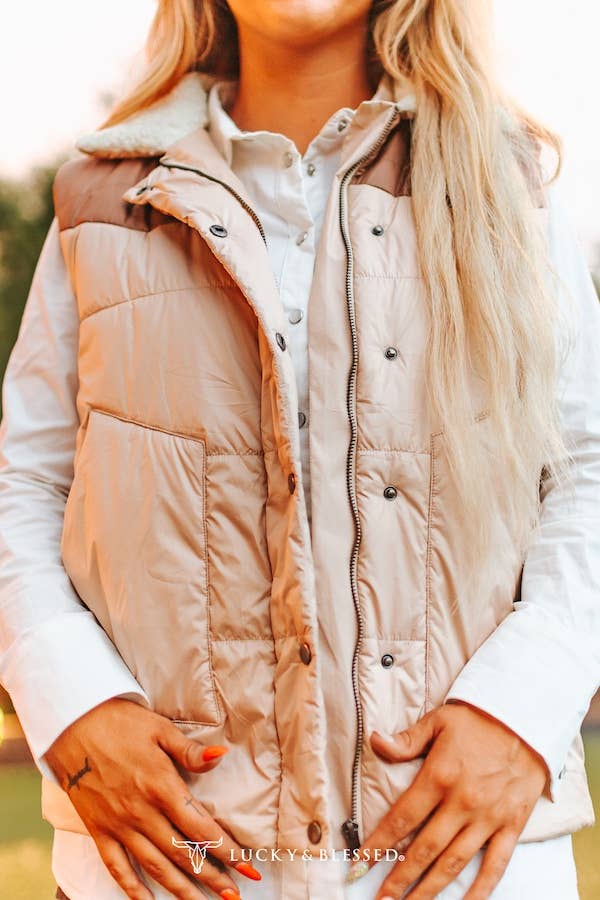 Cream Puffer Vest W Camel Yoke Sherpa Neckline