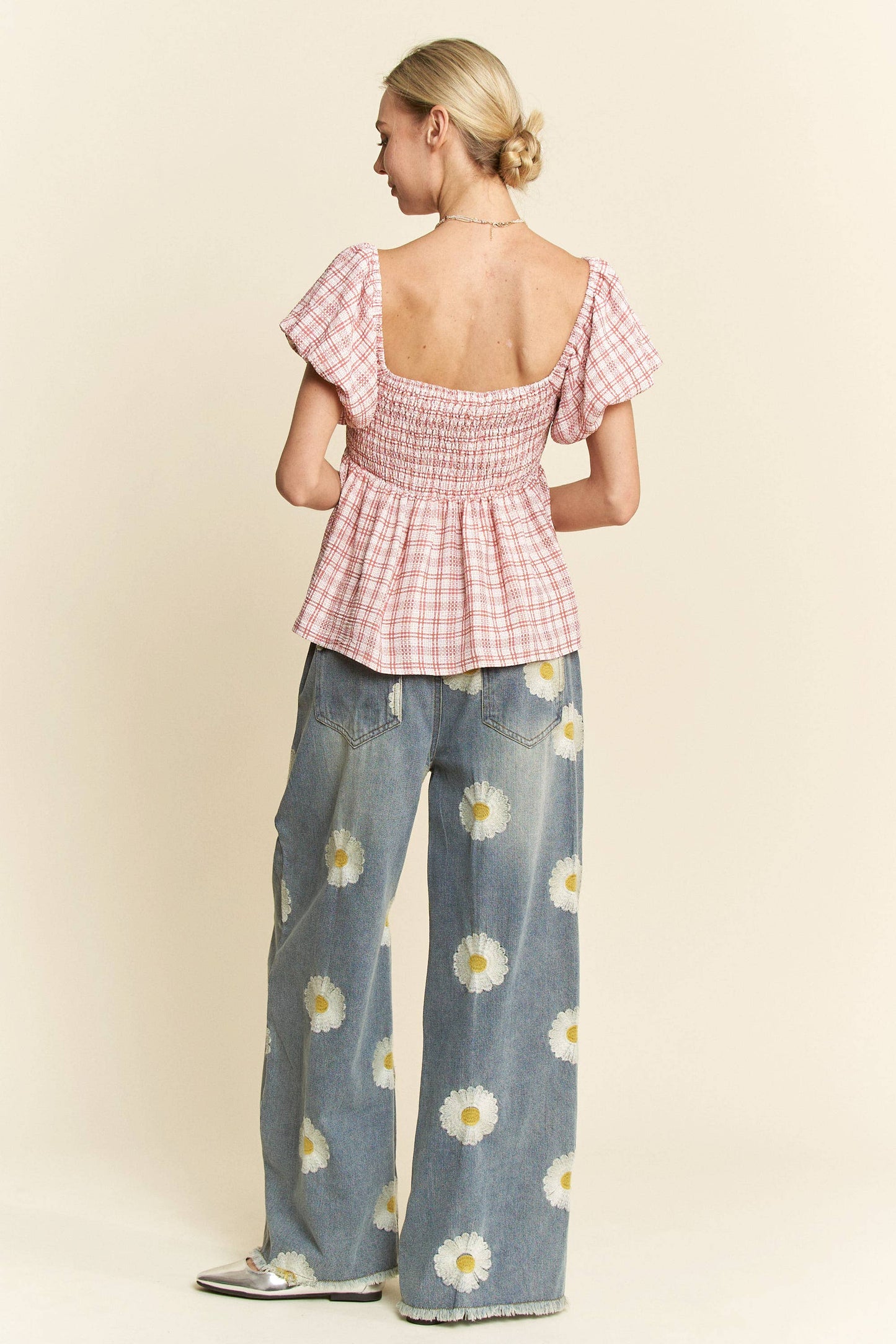 PLAID PUFF SLEEVES RUFFLED SMOCKED TOP BLOUSE