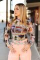 Pink Collage Printed Long Sleeve Mesh Tops