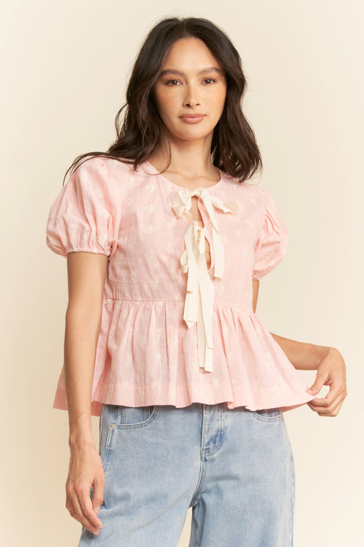 FLORAL EMBROIDERED LINEN FRONT BLOUSE TOP