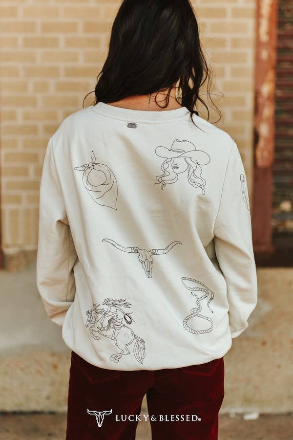 Ivory Western Printed Round Neck Pull Over Sweater