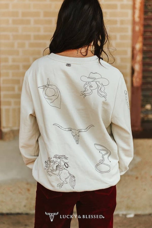 Ivory Western Printed Round Neck Pull Over Sweater