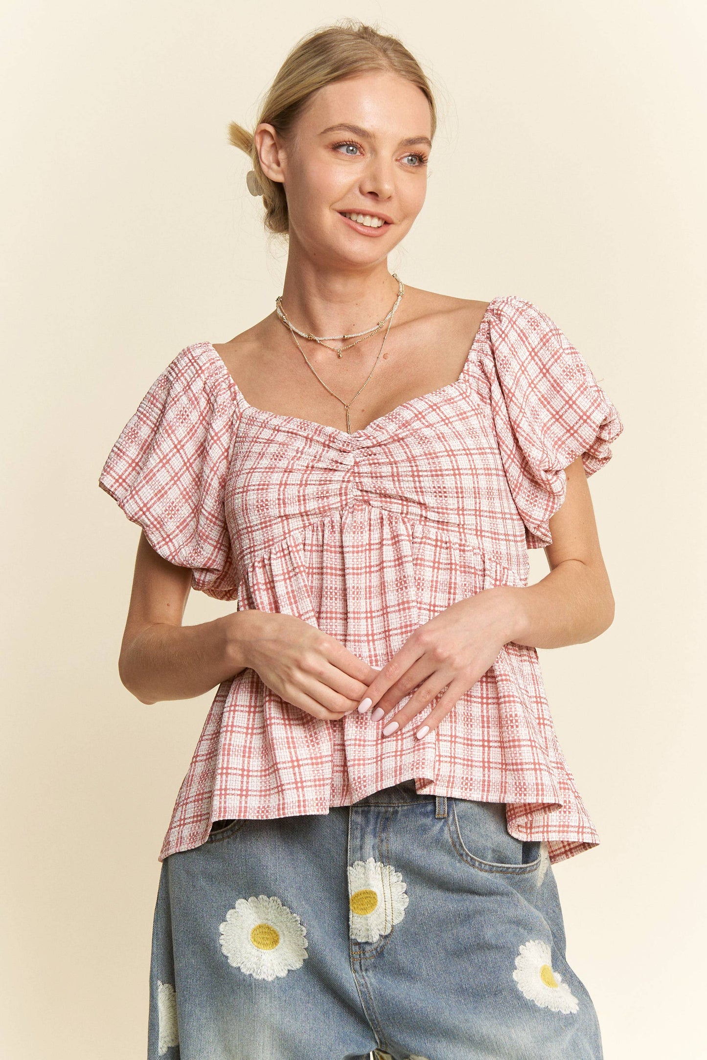 PLAID PUFF SLEEVES RUFFLED SMOCKED TOP BLOUSE