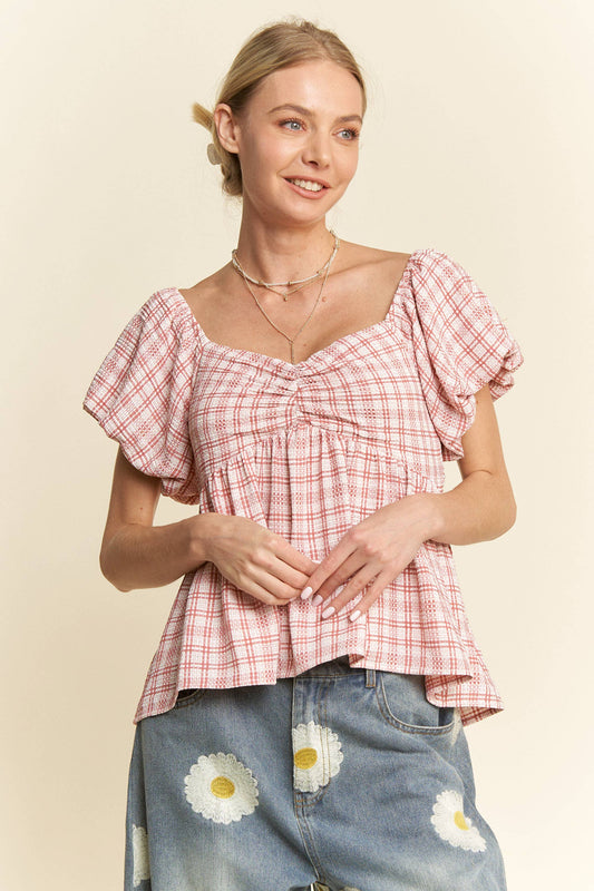 PLAID PUFF SLEEVES RUFFLED SMOCKED TOP BLOUSE