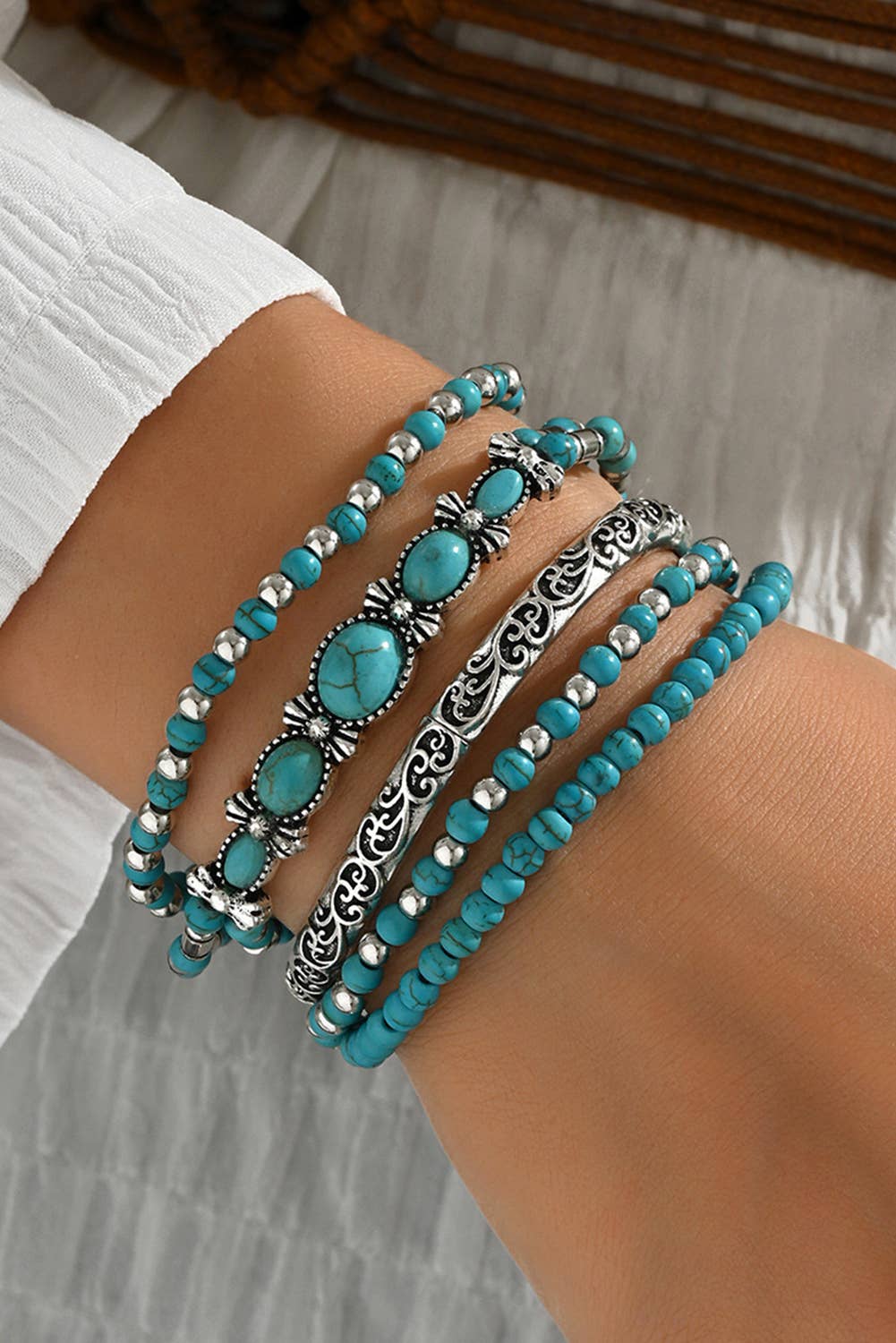 Western Turquoise Beading 5pcs Layered Bracelet