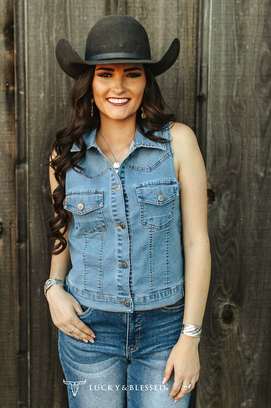 Mid Wash Denim Button Down Western Yoke Vest
