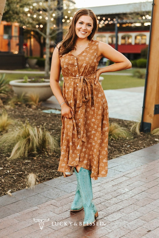 Camel Western Printed Pearl Snap Button Down Sleeveless Front Tie Dress