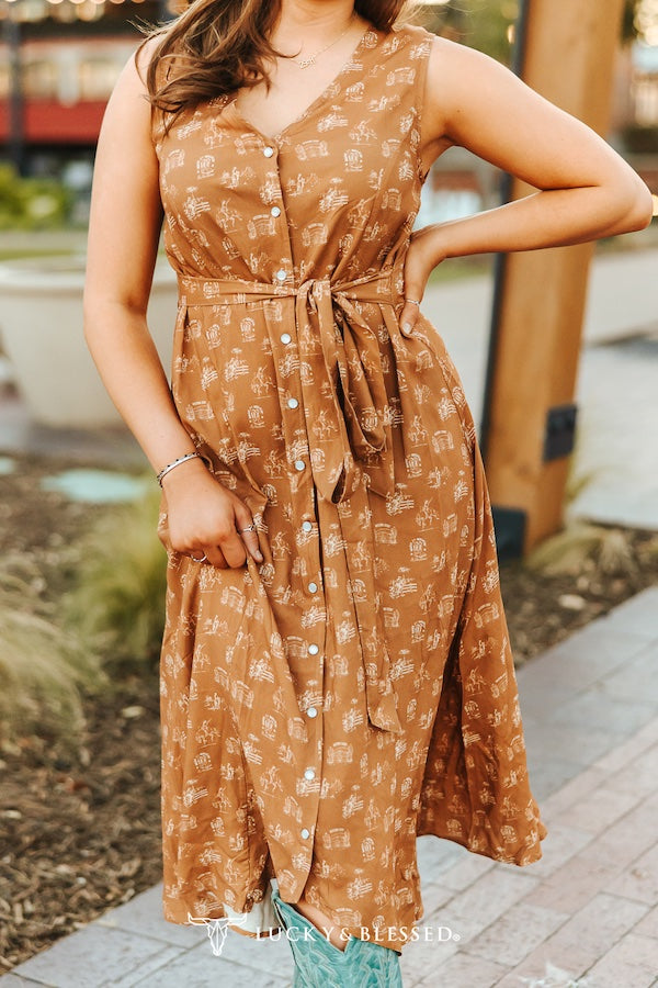 Camel Western Printed Pearl Snap Button Down Sleeveless Front Tie Dress