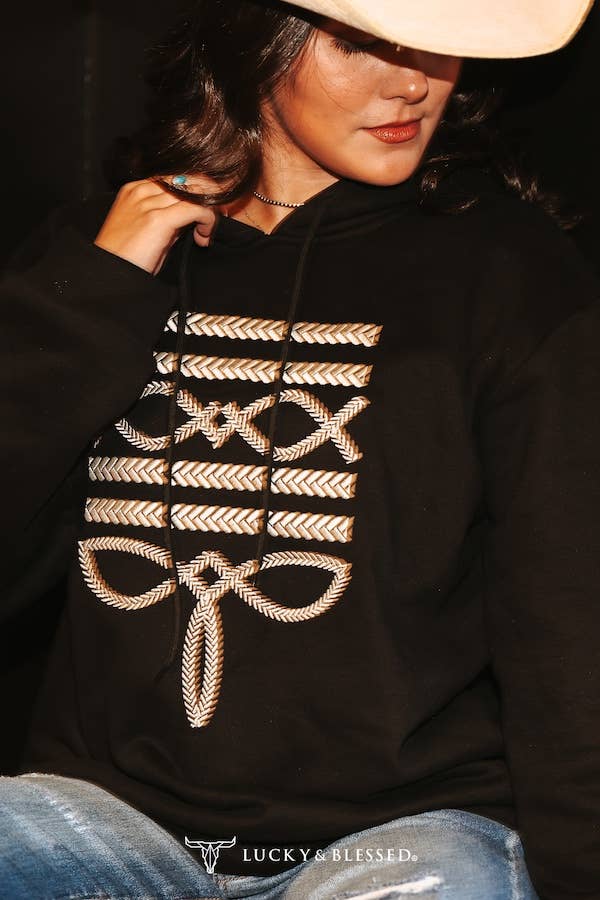 Black Hoodie W Ivory Boot Stitch Embroidery