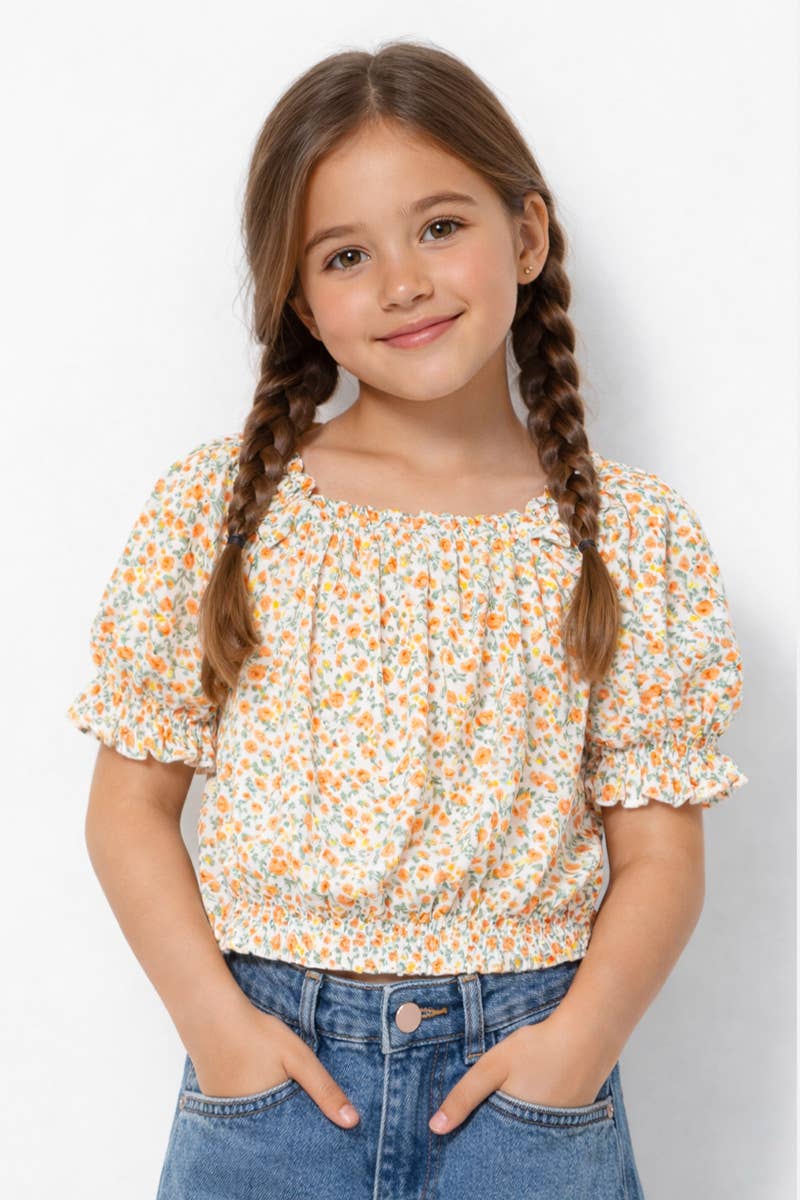 Girl's Fashion Top w/ Puff Sleeve Floral