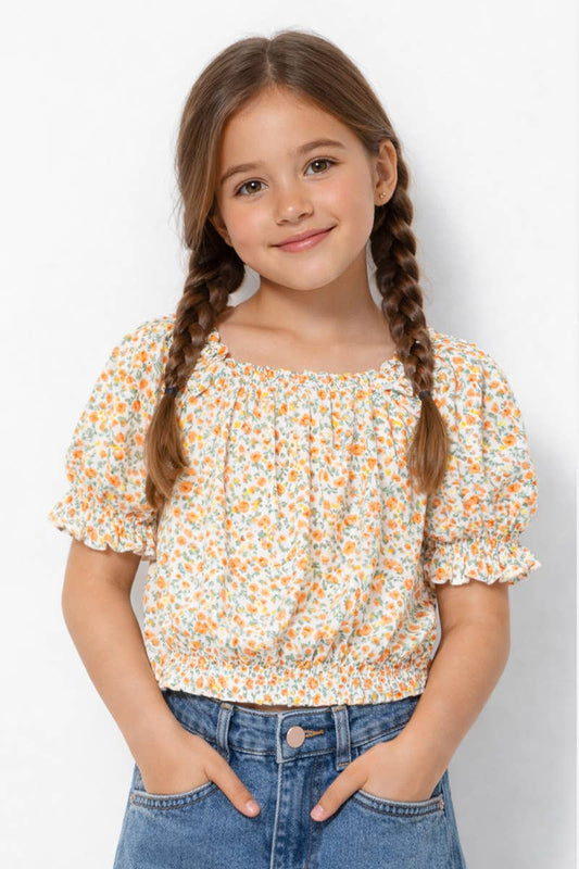 Girl's Fashion Top w/ Puff Sleeve Floral