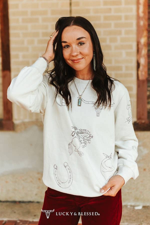 Ivory Western Printed Round Neck Pull Over Sweater