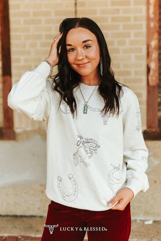 Ivory Western Printed Round Neck Pull Over Sweater