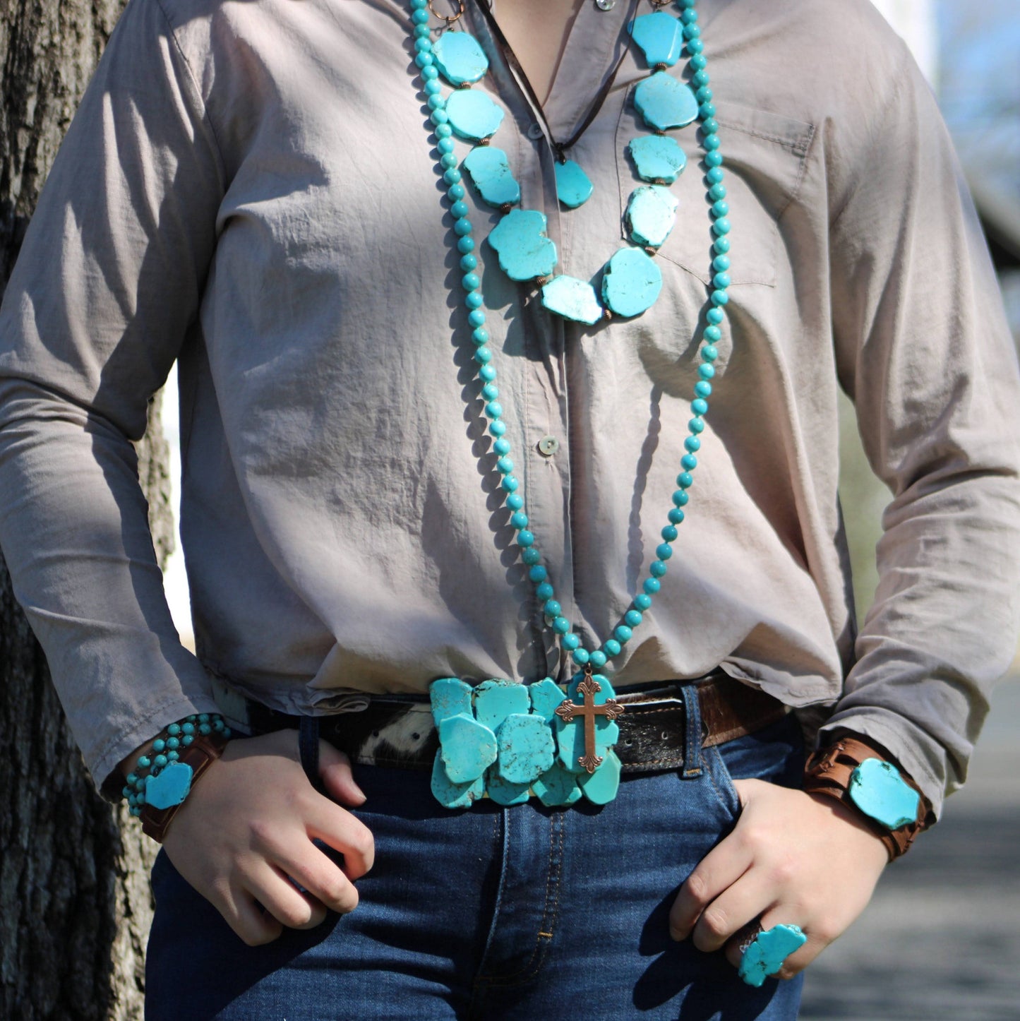 Genuine Leather Wide Cuff with Blue Turquoise Slab