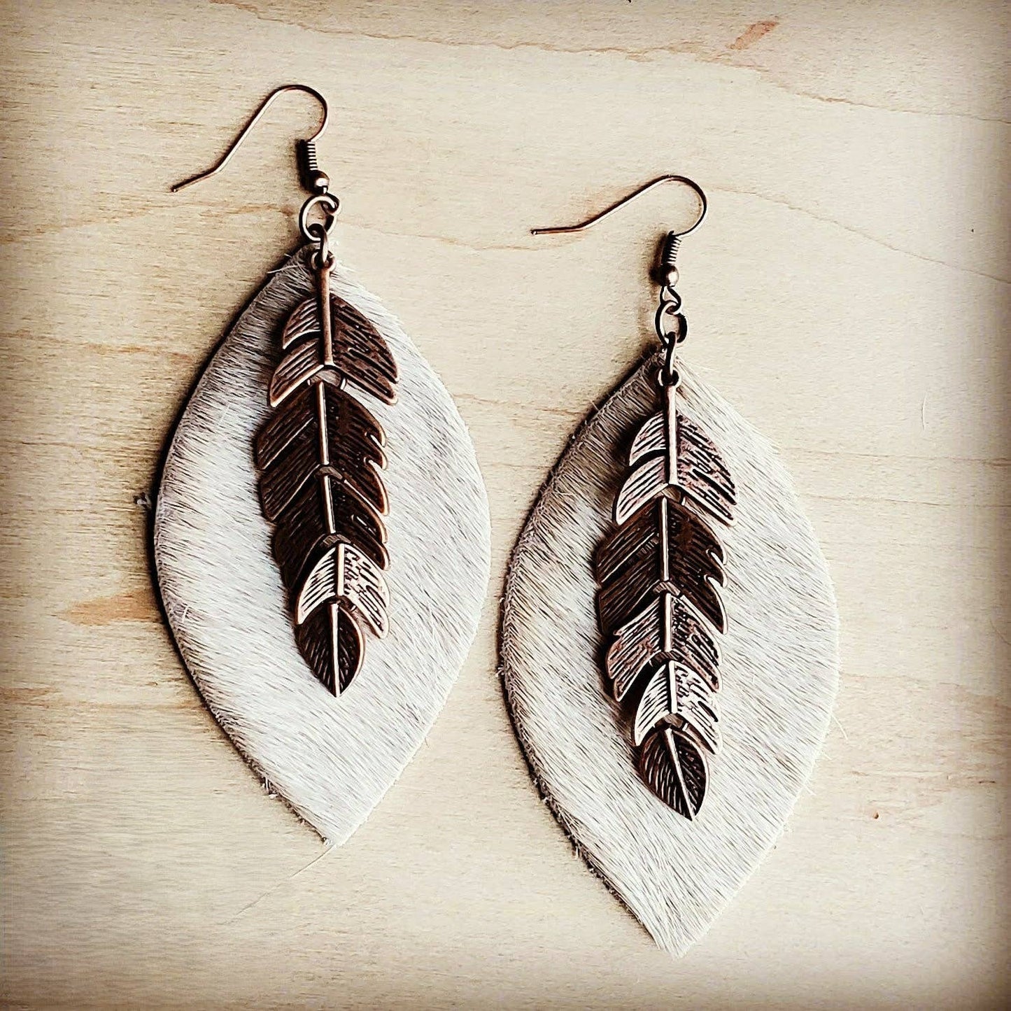 Leather Oval Earrings Tan Hair-on-Hide w/ Copper Feathers