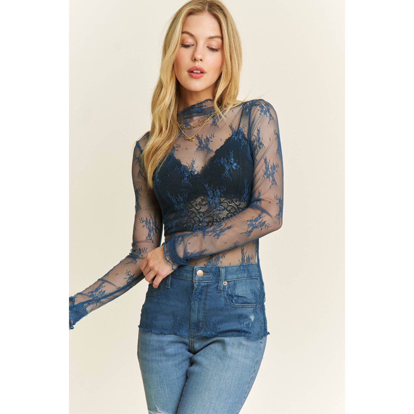 MESH LACE HIGH NECK DESIGN LONG SLEEVE FITTED TOP