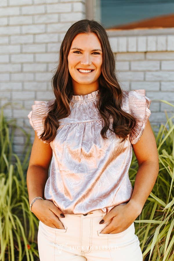 Western Champagne Printed Satin Pleated Ruffle Top