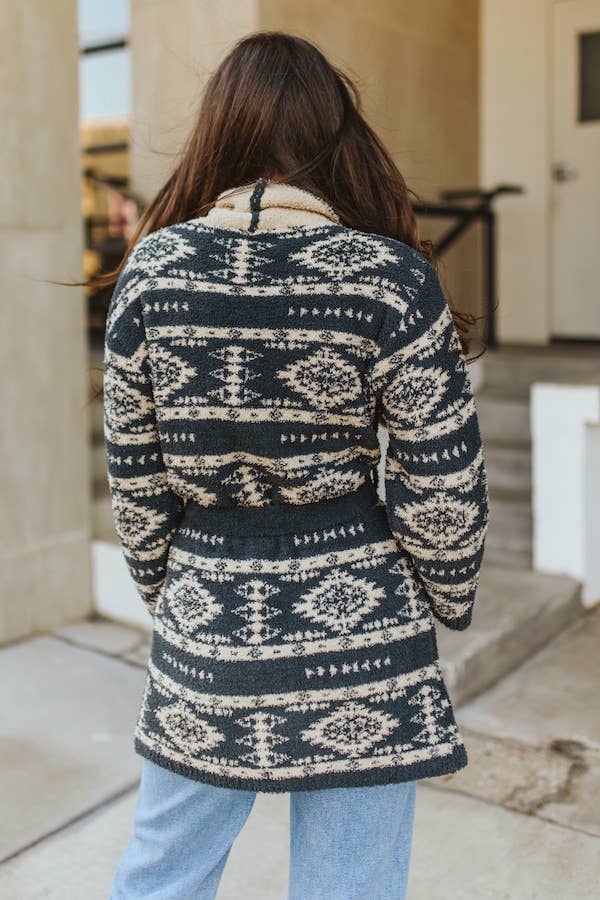 Charcoal Grey Cream Aztec Long Sleeve Cardigan