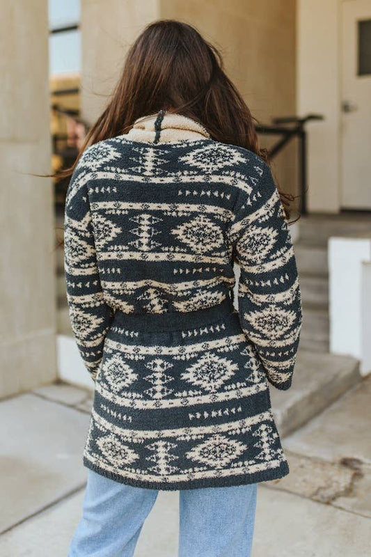 Charcoal Grey Cream Aztec Long Sleeve Cardigan