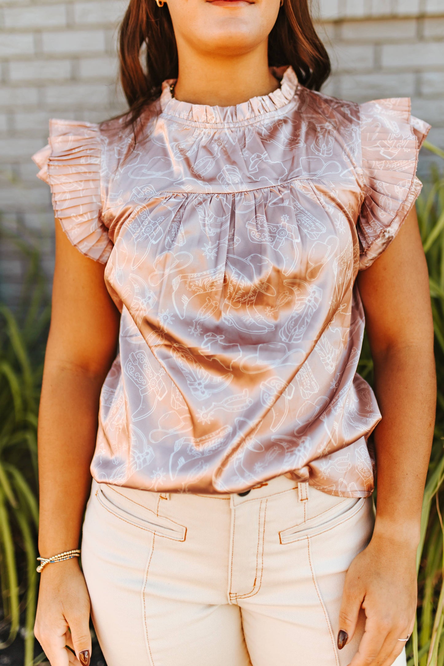 Western Champagne Printed Satin Pleated Ruffle Top