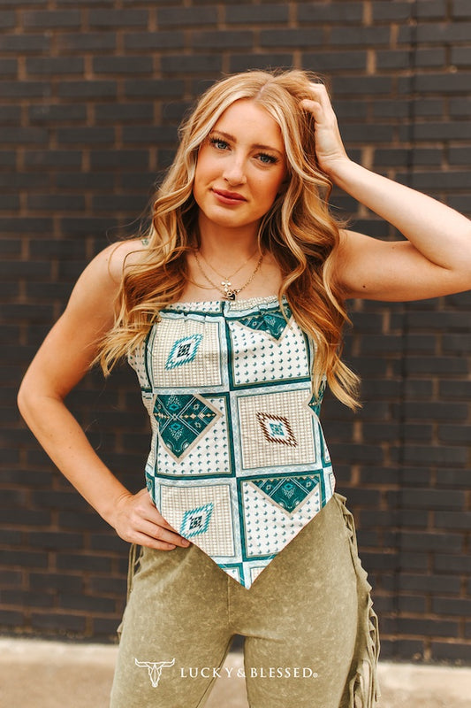 Cream Jade Bandana Printed Strapless Bandana Back Tie Strap Top
