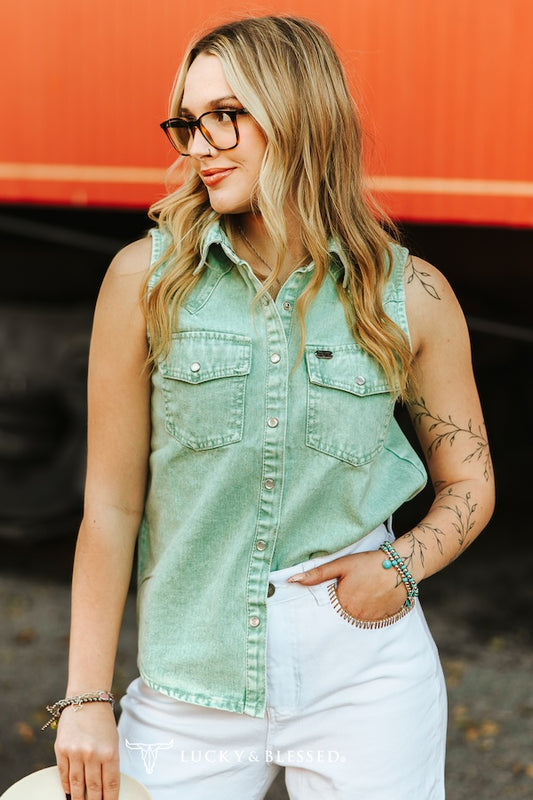 Denim Mineral Wash Sleeveless Pearl Snap Top