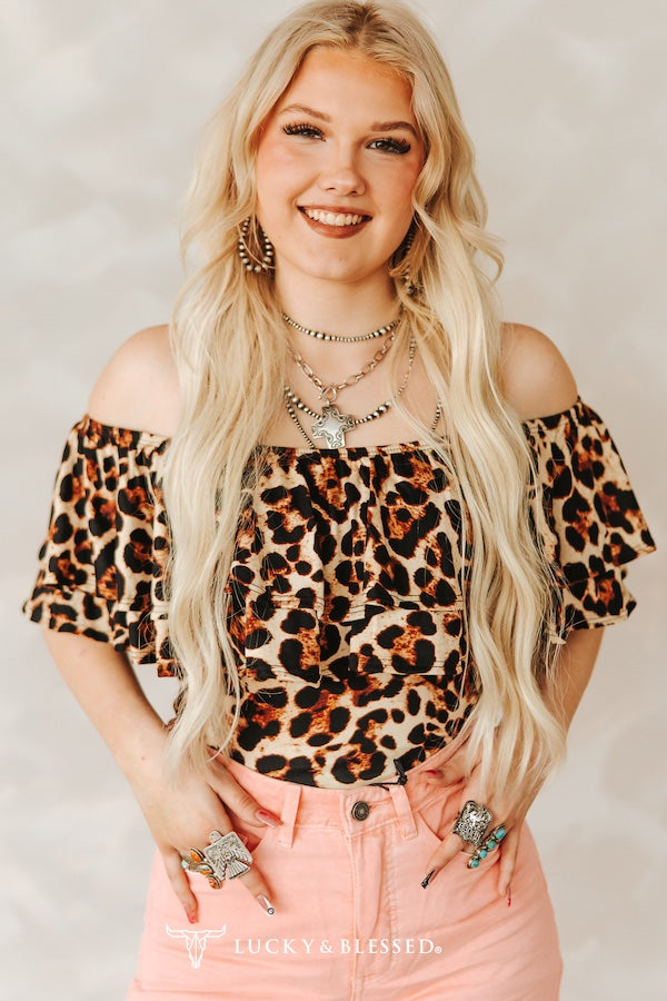 Leopard Off The Shoulder Strap Ruffle Crop Top