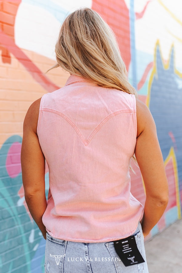 Denim Mineral Wash Sleeveless Pearl Snap Top