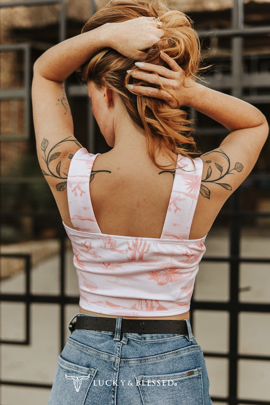 Pink Western Desert Printed Thick Strap Square Neckline Top