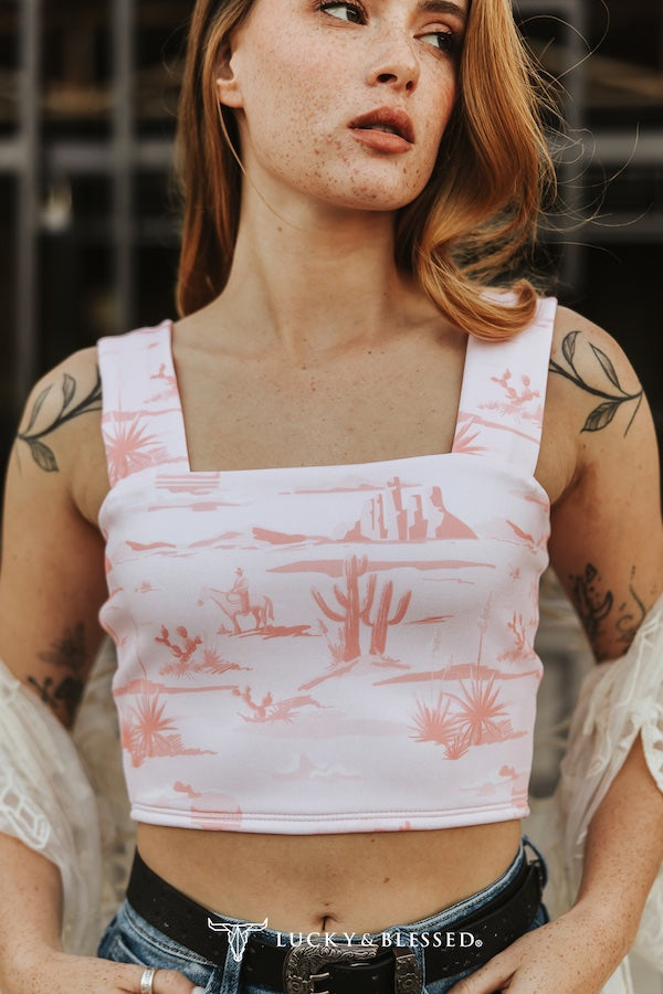 Pink Western Desert Printed Thick Strap Square Neckline Top