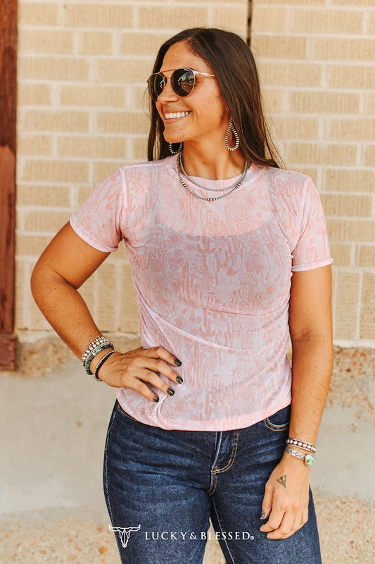Pink Western Print Short Sleeve Mesh Top