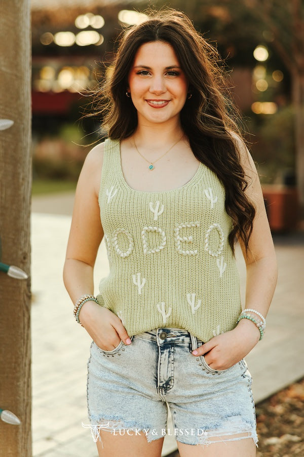 Knit Tank With Braid Rodeo Cactus Embroidered Top